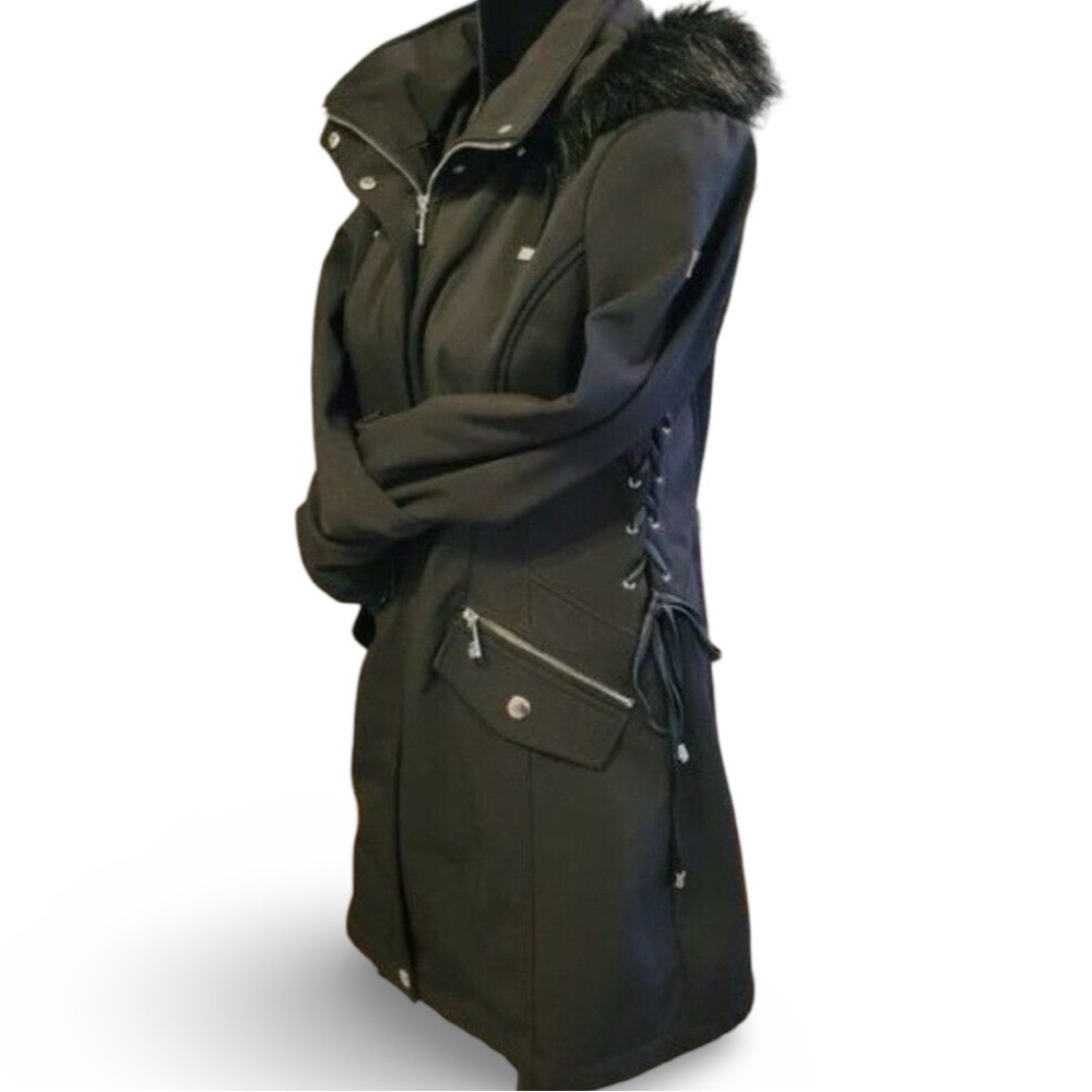 New GUESS Black Hooded Coat Tie Corset Sides Silver Chrome Snaps & Zippers Sz M
